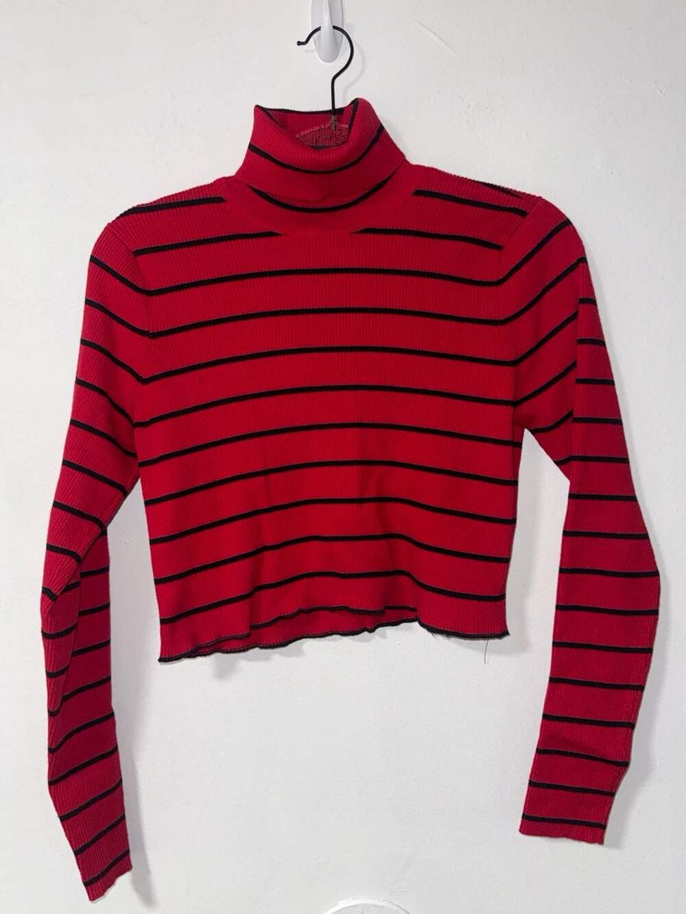 Lauren Ralph Lauren Red and Black Striped Ribbed Turtleneck Sweater